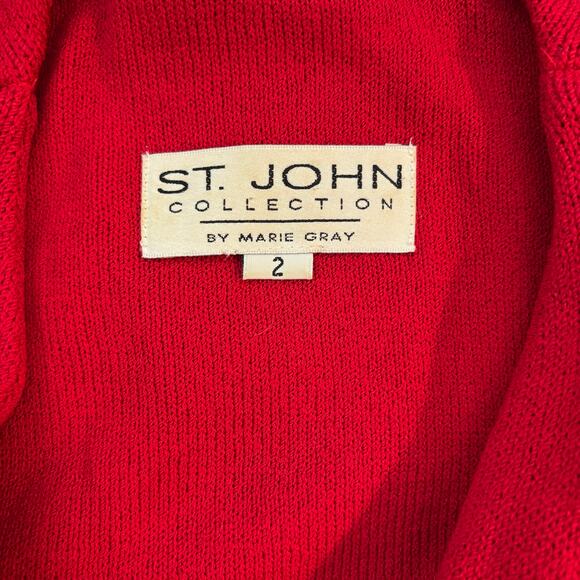 St John Marie Gray Size 2 Santana Knit Set Sweater Jacket Wide Leg Pants Red USA - Picture 4 of 8